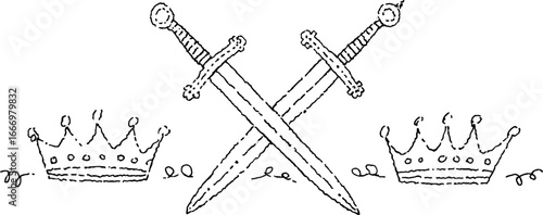 Crossed swords with crowns in doodle style for royal design elements