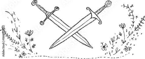 Hand drawn doodle of crossed swords with floral border for creative design