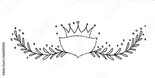 Hand drawn heraldic shield with doodle border and crown design