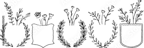 Hand drawn heraldic shields with floral borders for decorative design and crafts