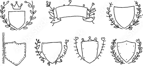 Hand drawn heraldic shields and borders collection for decorative design