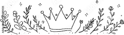 Hand drawn doodle floral border with crown design for decorative projects