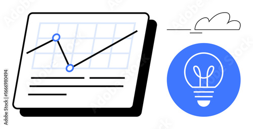 Analytics chart with growth line and data points, complemented by a blue lightbulb icon for innovation. Ideal for business strategy, growth, analytics, innovation, creativity, teamwork, simple