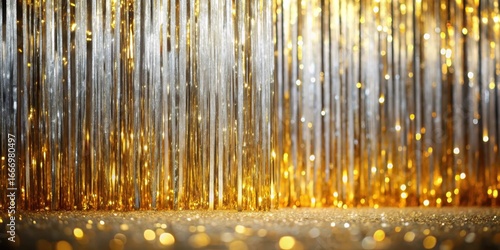 A shimmering backdrop of golden and silver strands with a glittering floor for festive celebrations
