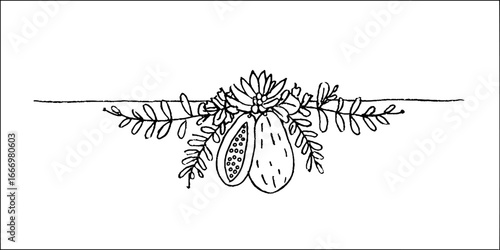 Hand drawn doodle border with papaya fruit and leaves sketch for creative design