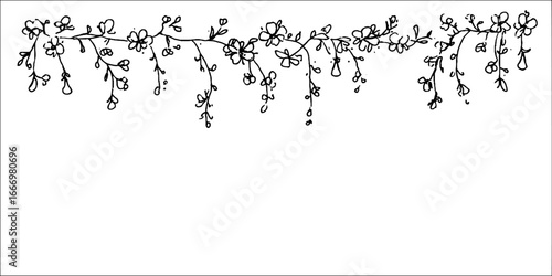 Hand-drawn floral doodle border with pear twig and blossom design for decoration