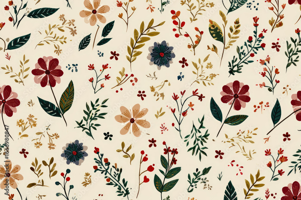 Fototapeta premium Scandinavian eco floral pattern. Ethnic garden leaf background. Organic flower plants shapes. Folk with flowers on light beige background. Traditional wildflowers motif. Ditsy