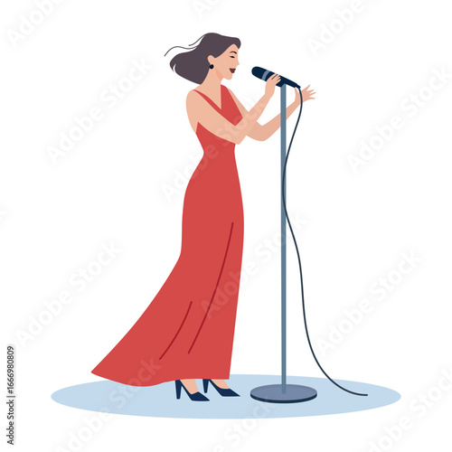 A young Caucasian woman with brown hair sings into a microphone while wearing a long red dress and high heels. She stands on a stage with a microphone stand.