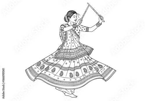 Dandiya Dance Women Character Line Art Illustration Transparent Background. Traditional Garba Stick Dance Drawing PNG.