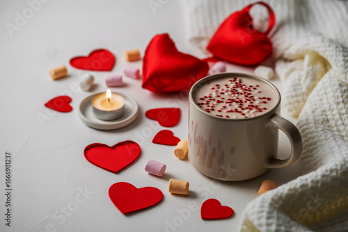 Romantic Valentine's Day hot chocolate with hearts, marshmallows, and cozy candle ambience