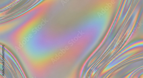 An abstract holographic background with iridescent rainbow colors and smooth, flowing waves.
