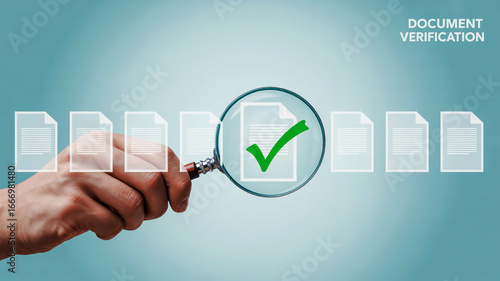 Document verification process with magnifying glass for compliance and quality control standards review