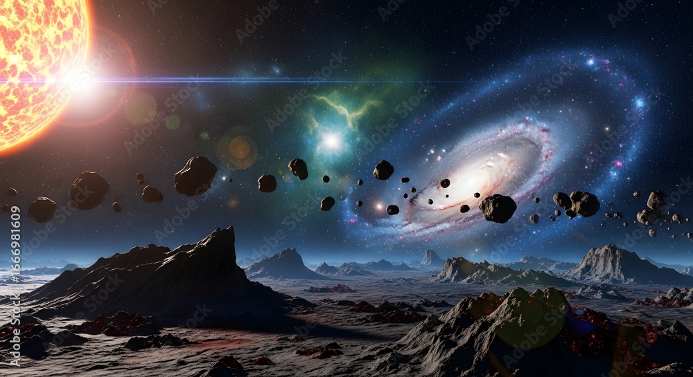 Fototapeta premium An Exquisite Cosmic Scene Featuring Celestial Bodies and Asteroids in a Distant Galaxy