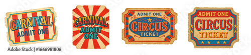 Vintage carnival and circus admit one tickets collection with retro typography and distressed paper texture isolated on transparent background for nostalgic entertainment design
