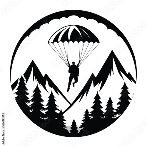 Skydiver Silhouette Parachuting Over Mountains and Forest in Circular Frame Graphic Illustration