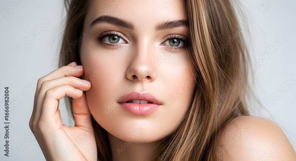 Obraz premium Beautiful Young Woman with Perfect Skin and Makeup Natural Beauty Portrait Studio Shot
