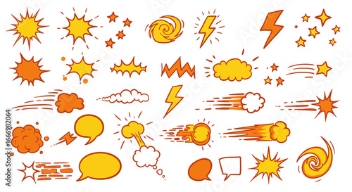Collection of Comic Book Style Sound Effect Illustrations and Visual Elements Demonstrating Explosions Speed Lines Clouds Stars and Twisters