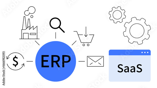 ERP central hub connecting manufacturing, shopping cart, email, currency, and processes thumbs up communication, cloud computing. Ideal for business tools, automation, efficiency digitalization