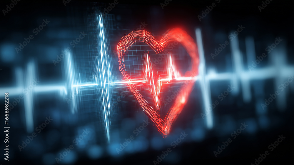 Fototapeta premium Heartbeat waveform forming a heart shape on a medical display, signifying real time cardiac monitoring clinical insight and the technology of lifesaving care. 