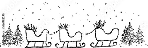 Winter holiday doodle border with sled and snowflakes for festive design