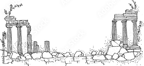 Hand drawn doodle border of ancient temple ruins for design projects