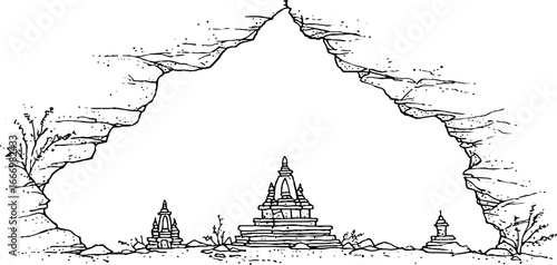 Hand drawn temple in triangular border with cave illustration for art and design