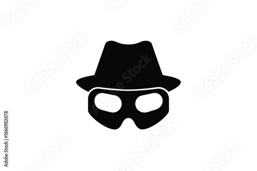 A black silhouette of a masked face wearing a fedora hat on white background