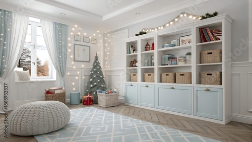 Photoreal Texas hill country kids room in bohemian design featuring LED strip under shelves and soft white and frosty blue palette
