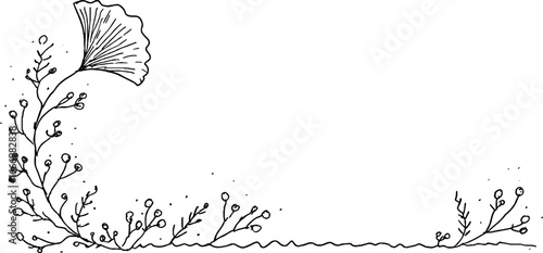 Hand-drawn doodle corner design featuring ginkgo leaf and curl elements for creative projects