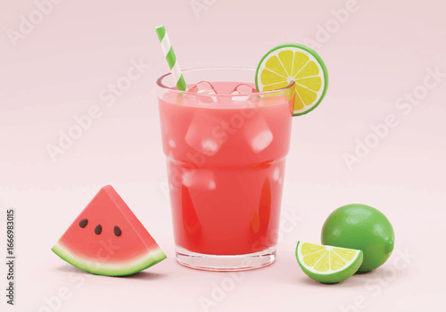 A refreshing 3D render of a glass of watermelon juice with ice, a straw, and a lime garnish on a pink background.