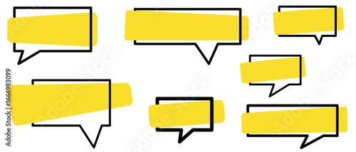 Quote box frame set, Yellow speech bubbles isolated vector set. Chat bubble in yellow, Speech bubble sign and symbol, Quote box icon. Vector illustration. 