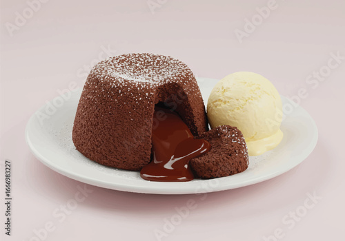 A delectable chocolate lava cake with a scoop of vanilla ice cream on a white plate.