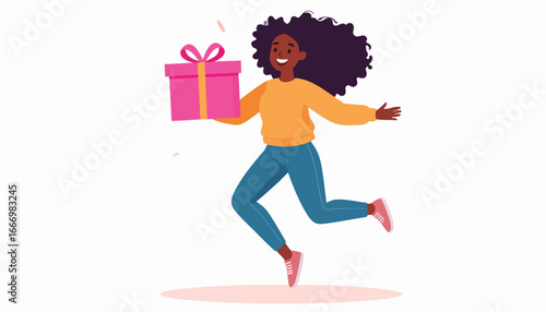 A joyful Black woman celebrates with a pink gift box, jumping with excitement.