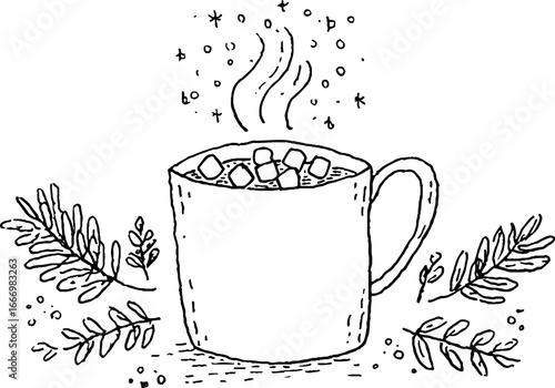 Cozy hot cocoa mug with marshmallows and decorative doodles for winter comfort