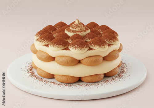 A beautifully decorated tiramisu cake with layers of cream and ladyfingers, dusted with cocoa powder, presented on a white plate.