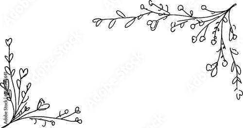 Hand drawn floral corner design with leafy vines and delicate curls for creative projects