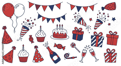 Festive Collection of Birthday Party Elements Including Balloons Hats Cupcakes Cake Presents and Party Poppers for Celebrations