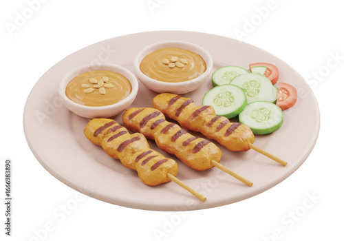 Three grilled chicken satay skewers with peanut sauce and cucumber, tomato slices.
