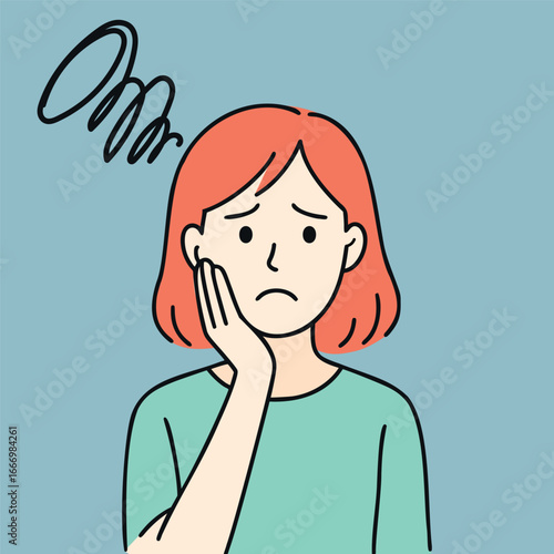 A young woman with short red hair looks worried, holding her face with a concerned expression. The background is a soft blue color.