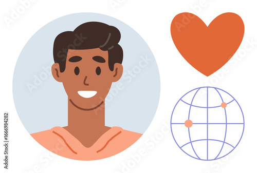 Smiling individual in front of a circle, orange heart, and simple globe with two marked points. Ideal for empathy, diversity, community, social networks, care global reach communication. A simple