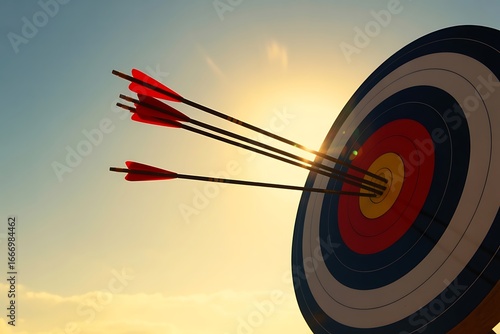 Archery target with multiple arrows hitting the bullseye against a sunset sky