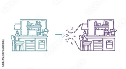 Before and after desk setup illustration showing transformation and improvement.