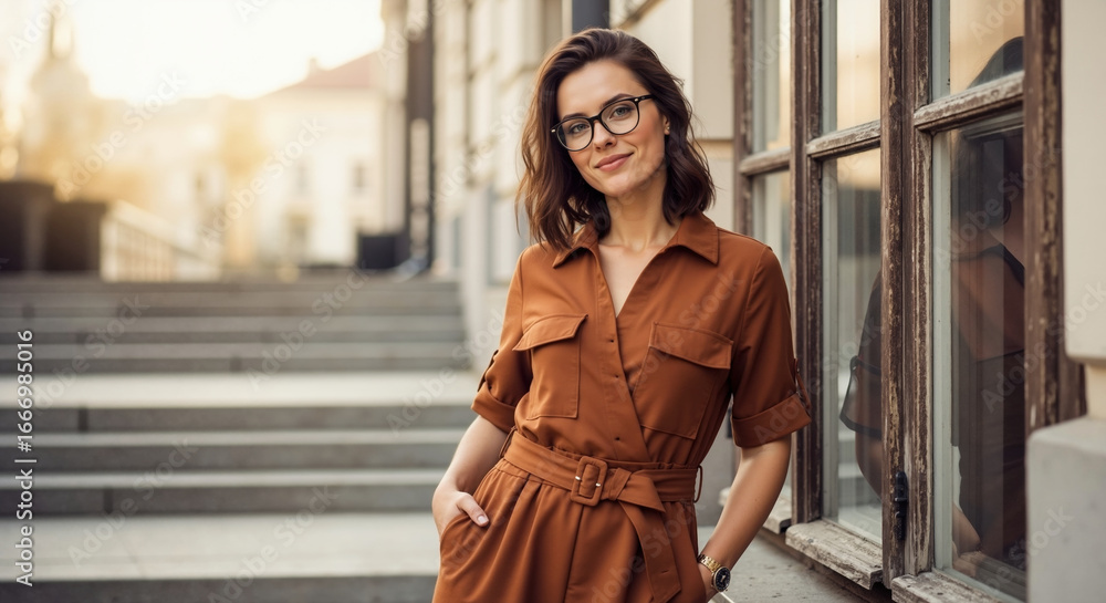 Fototapeta premium Professional woman in brown shirt dress with glasses and belt standing near building entrance with warm sunlight. Business attire and professional wardrobe collections