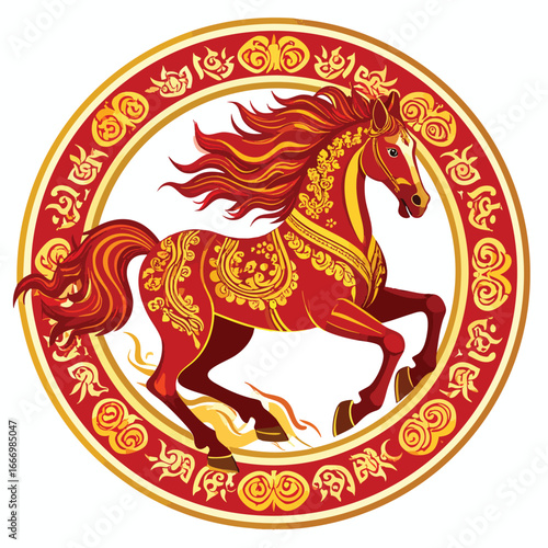 Ornate red horse prancing inside a decorative circular frame with gold accents and floral patterns.