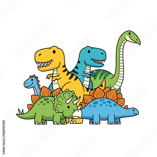 Adorable Cartoon Dinosaurs Group - T-Rex, Triceratops, Stegosaurus, and Brachiosaurus.