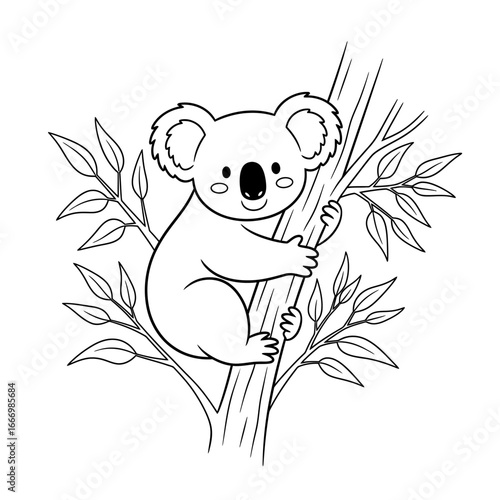 Adorable Cartoon Koala Bear Clinging to Tree Branch with Leaves, Smiling.