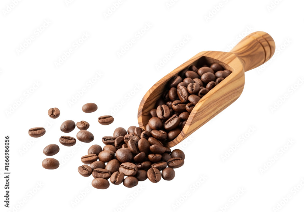 Obraz premium Rich dark roasted coffee beans poured from a wooden scoop across a deep onyx surface transparent background