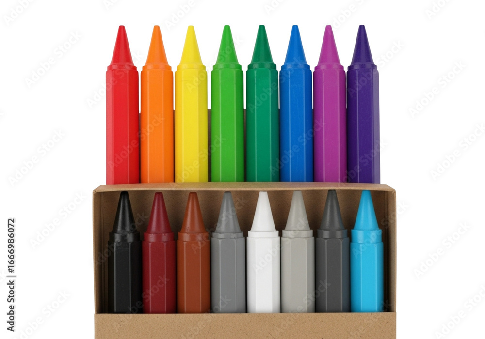 Fototapeta premium A variety of colorful crayons displayed in a box, showcasing a spectrum of vibrant hues and tones for creative expression and artistic endeavors