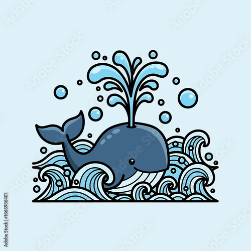 Cartoon Whale Spouting Water Amidst Stylized Waves.