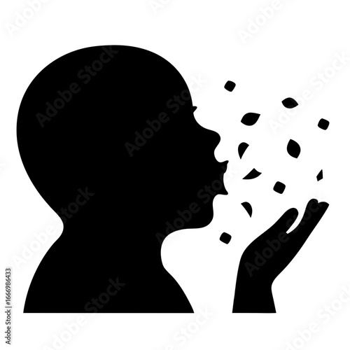 Silhouette of a person blowing particles into their outstretched hand vector illustration
